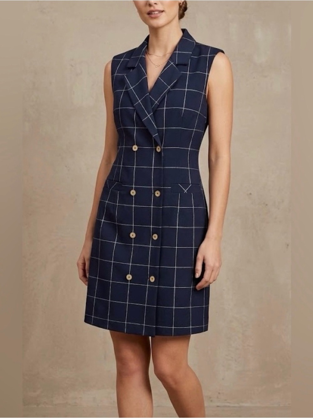Sharagano Navy Windowpane Double-Breasted Sleeveless Dress